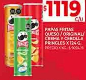 Supermercados DIA PAPAS FRITAS QUESO/ORIGINAL CREMA Y CEBOLLA PRINGLES X 124 G oferta