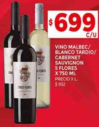 Supermercados DIA VINO MALBEC/ BLANCO TARDIO/ CABERNET SAUVIGNON 5 FLORES X 750 ML oferta