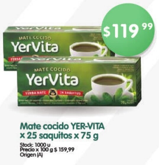 Supermercados Buenos Días Mate cocido YER-VITA x 25 saquitos x 75 g oferta