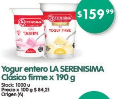 Supermercados Buenos Días Yogur entero LA SERENISIMA Clásico firme x 190 g oferta