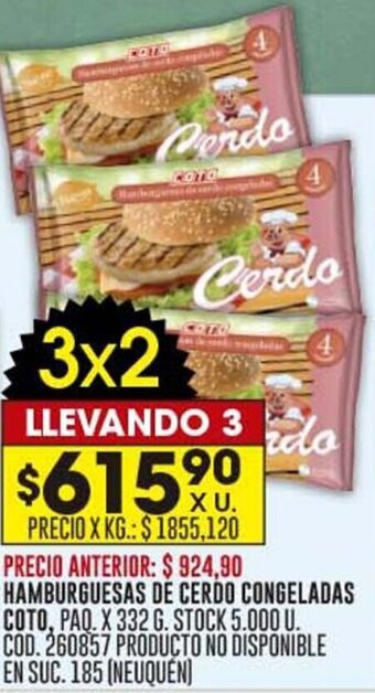 Coto HAMBURGUESAS DE CERDO CONGELADAS COTO, PAQ. X 332 G. oferta