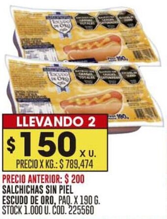 Coto SALCHICHAS SIN PIEL ESCUDO DE ORO, PAQ. X 190 G. STOCK 1.000 U. COD. 225560 oferta