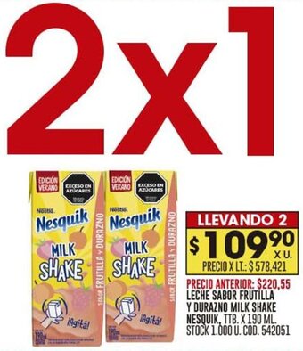 Coto LECHE SABOR FRUTILLA Y DURAZNO MILK SHAKE NESQUIK, TTB. X 190 ML. STOCK 1.000 U. COD. 542051 oferta