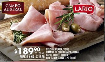 Coto FIAMBRE DE CERDO CAMPO AUSTRAL/ LARIO, STOCK 1.000 KG. oferta