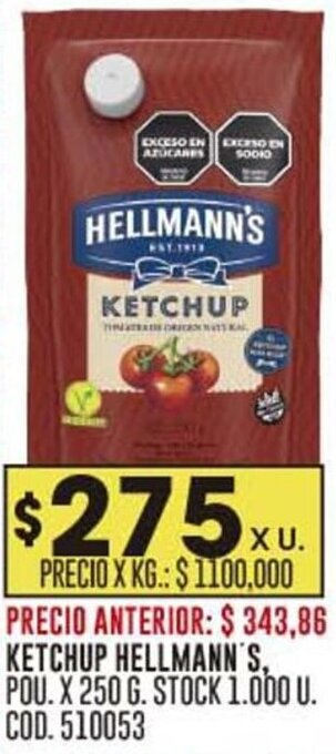 Coto KETCHUP HELLMANN'S, POU. X 250 G. STOCK 1.000 U. COD. 510053 oferta