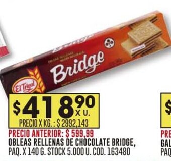 Coto OBLEAS RELLENAS DE CHOCOLATE BRIDGE, PAQ.X 140 G. STOCK 5.000 U. COD. 163480 oferta