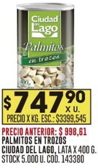 Coto PALMITOS EN TROZOS CIUDAD DEL LAGO, LATA X 400 G. STOCK 5.000 U. COD. 143380 oferta