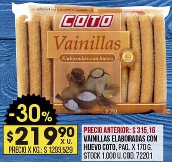 Coto VAINILLAS ELABORADAS CON HUEVO COTO, PAQ. X 170 G. STOCK 1.000 U. COD. 72201 oferta