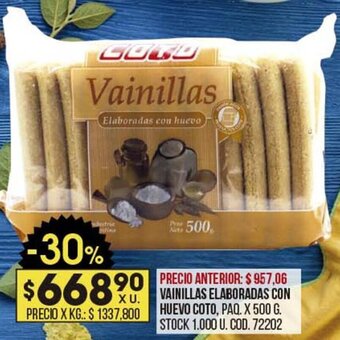 Coto VAINILLAS ELABORADAS CON HUEVO COTO, PAQ. X 500 G. STOCK 1.000 U. COD. 72202 oferta