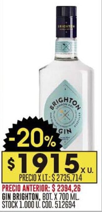 Coto GIN BRIGHTON, BOT. X 700 ML. STOCK 1.000 U. COD. 512694 oferta