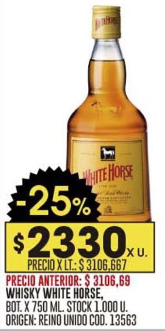 Coto WHISKY WHITE HORSE, BOT. X 750 ML. STOCK 1.000 U. ORIGEN: REINO UNIDO COD. 13563 oferta