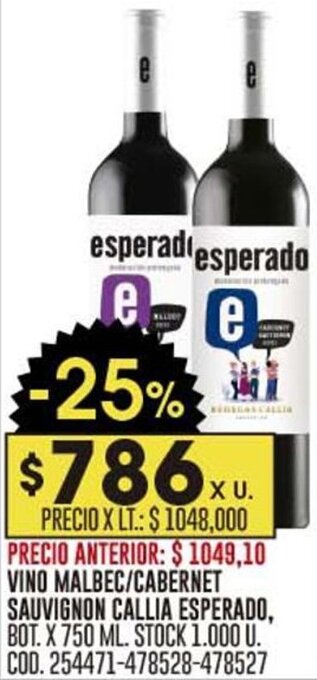 Coto VINO MALBEC/CABERNET SAUVIGNON CALLIA ESPERADO, BOT. X 750 ML. STOCK 1.000 U. COD. 254471-478528-478527 oferta