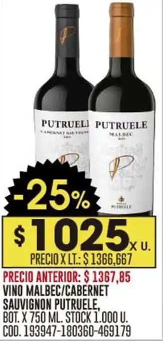 Coto VINO MALBEC/CABERNET SAUVIGNON PUTRUELE, BOT. X 750 ML. STOCK 1.000 U. COD. 193947-180360-469179 oferta