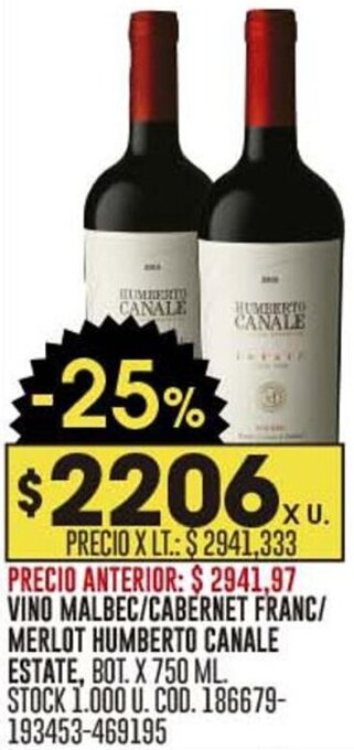 Coto VINO MALBEC/CABERNET FRANC/ MERLOT HUMBERTO CANALE ESTATE, BOT. X 750 ML. STOCK 1.000 U. COD. 186679-193453-469195 oferta