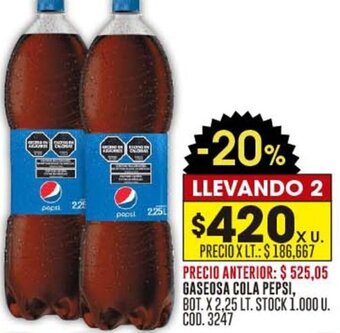 Coto GASEOSA COLA PEPSI, BOT. X 2,25 LT. STOCK 1.000 U. COD. 3247 oferta