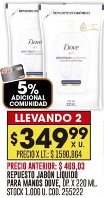 Coto REPUESTO JABON LIQUIDO PARA MANOS DOVE, DP. X 220 ML. oferta