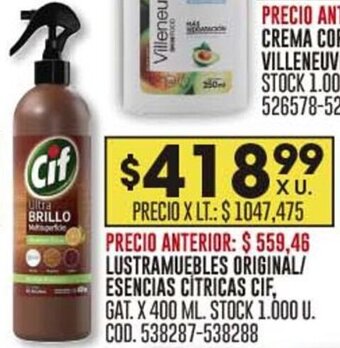 Coto LUSTRAMUEBLES ORIGINAL/ ESENCIAS CITRICAS CIF, GAT. X 400 ML. STOCK 1.000 U. COD. 538287-538288 oferta