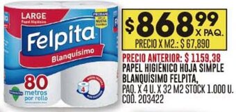 Coto PAPEL HIGIENICO HOJA SIMPLE BLANQUÍSIMO FELPITA, PAQ.X 4 U.X 32 M2 oferta
