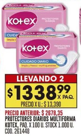 Coto PROTECTORES DIARIOS MULTIFORMA KOTEX, PAQ. X 100 U. STOCK 1.000 U. COD. 261448 oferta