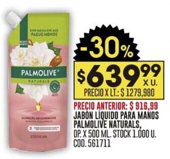 Coto JABON LIQUIDO PARA MANOS PALMOLIVE NATURALS, DP. X 500 ML. STOCK 1.000 U. COD. 561711 oferta