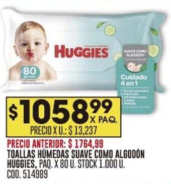 Coto TOALLAS HÚMEDAS SUAVE COMO ALGODÓN HUGGIES, PAQ. X 80 U. STOCK 1.000 U. COD. 514989 oferta
