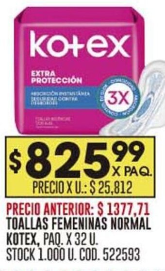 Coto TOALLAS FEMENINAS NORMAL KOTEX, PAQ. X 32 U. STOCK 1.000 U. COD. 522593 oferta