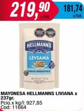 Maxiconsumo MAYONESA HELLMANNS LIVIANA X 237gr. oferta