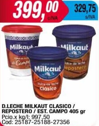 Maxiconsumo D.LECHE MILKAUT CLASICO / REPOSTERO / EST. CAMPO 405 gr oferta
