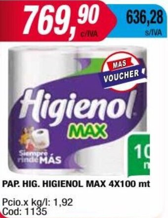 Maxiconsumo PAP. HIG. HIGIENOL MAX 4X100 mt oferta