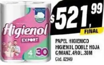 Supermercados Yaguar PAPEL HIGIENICO HIGIENOL DOBLE HOJA 430 C/MANZ.4ROL.30M oferta