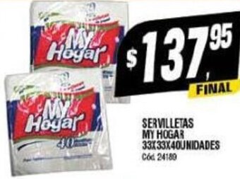 Supermercados Yaguar SERVILLETAS MY HOGAR 33X33X40UNIDADES oferta