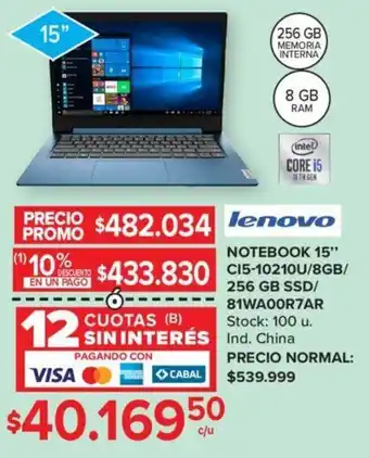 LENOVO NOTEBOOK 15" 256 GB SSD/ 81WA00R7AR
