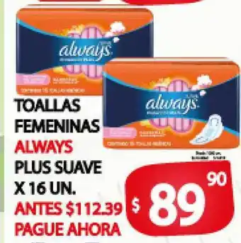 Supermercados Mariano Max Always Toallas Femeninas Plus Suave x 16un. oferta