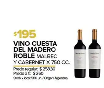 Disco Vino Cuesta Del Madero Roble Malbec Y Cabernet 750cc oferta