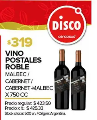 Disco Vino Postales Roble Malbec-cabernet-cabernet Malbec 750cc oferta