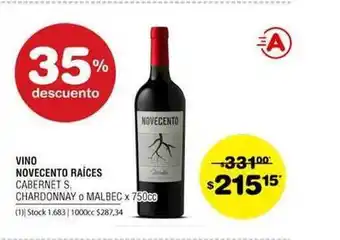 Atomo Conviene Vino Novecento Raíces Cabernet S. Chardonnay O Malbec 750cc oferta