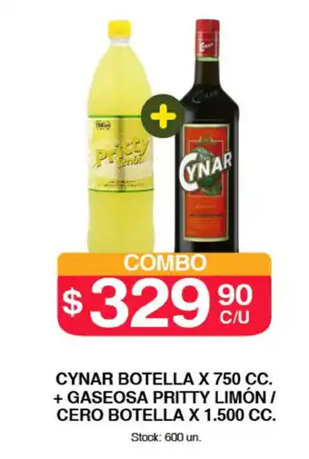 Supermercados Tadicor Cynar Botella x 750cc.+ Gaseosa Pritty Limón/Cero Botella x 1.500cc oferta