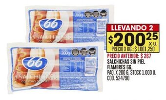 Coto SALCHICHAS SIN PIEL FIAMBRES 66, PAQ. X 200 G. LLEVANDO 2 oferta