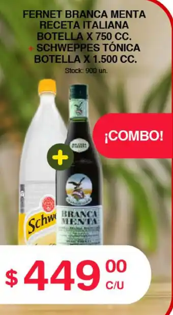 Supermercados Tadicor Fernet Branca Menta Receta Italiana Botella x 750cc. Schweppes Tónica Botella x 1.500cc oferta