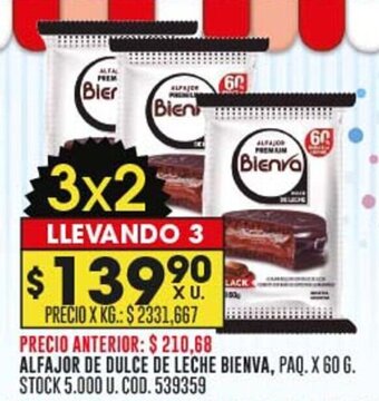 Coto ALFAJOR DE DULCE DE LECHE BIENVA, PAQ. X 60 G. oferta