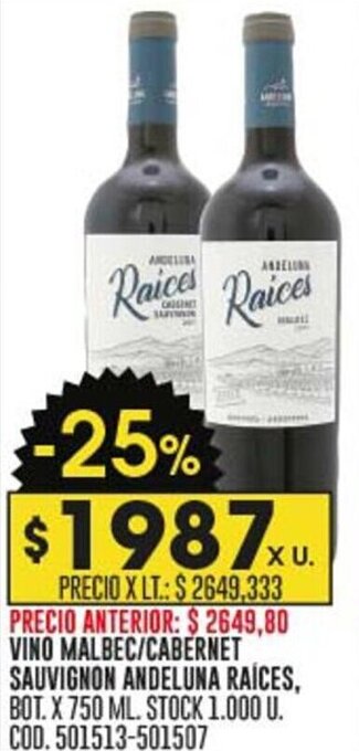 Coto VINO MALBEC/CABERNET SAUVIGNON ANDELUNA RAÍCES, BOT. X 750 ML. oferta