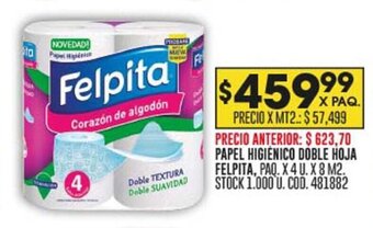 Coto PAPEL HIGIENICO DOBLE HOJA FELPITA, PAQ. X 4 U. X 8 M2. oferta