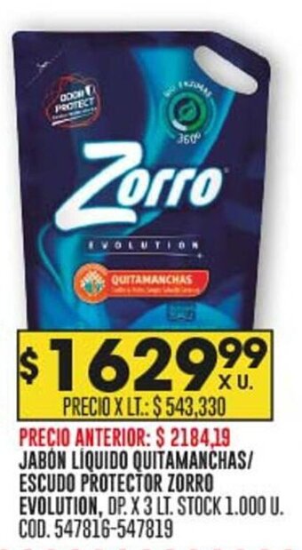 Coto JABON LIQUIDO QUITAMANCHAS/ ESCUDO PROTECTOR ZORRO EVOLUTION, DP. X 3 LT. oferta