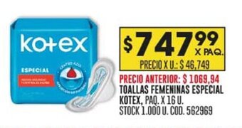 Coto TOALLAS FEMENINAS ESPECIAL KOTEX, PAQ. X 16 U. oferta