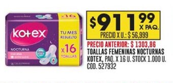 Coto TOALLAS FEMENINAS NOCTURNAS KOTEX, PAQ. X 16 U. oferta