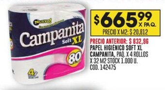 Coto PAPEL HIGIENICO SOFT XL CAMPANITA, PAQ. X 4 ROLLOS X 32 M2 oferta