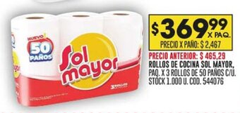Coto ROLLOS DE COCINA SOL MAYOR, PAQ. X 3 ROLLOS DE 50 PAÑOS C/Ú. oferta