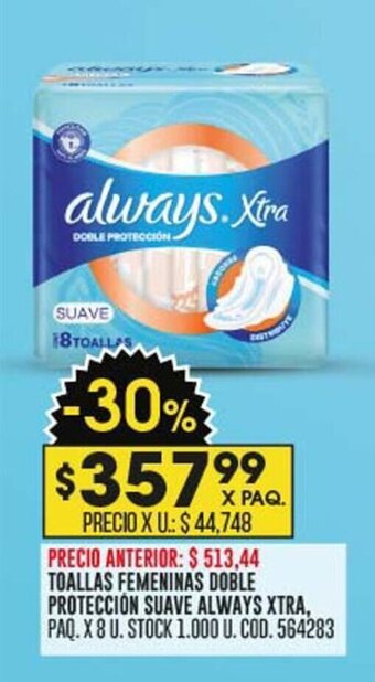 Coto TOALLAS FEMENINAS DOBLE PROTECCIÓN SUAVE ALWAYS XTRA, PAQ. X 8 U. oferta