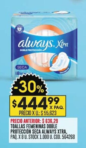Coto TOALLAS FEMENINAS DOBLE PROTECCIÓN SECA ALWAYS XTRA, PAQ. X 8 U. oferta
