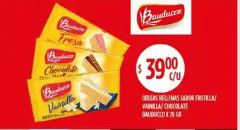 Supermercados Toledo Obleas Rellenas Sabor Frutilla Vainilla Chocolate Bauducco x 78gr oferta